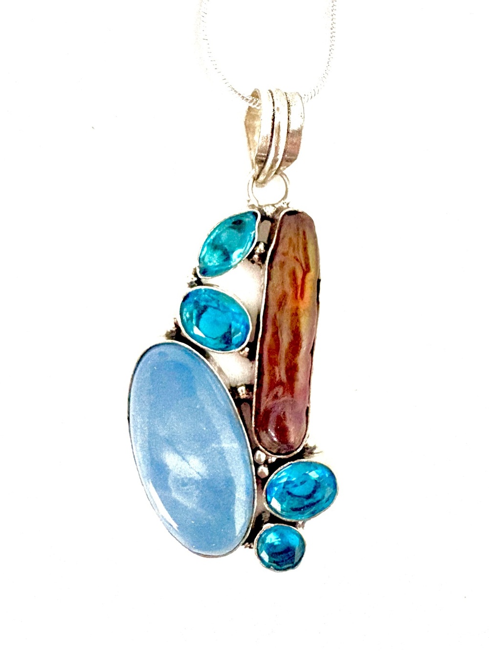 Gorgeous,925 marked, 2 1/2 inch, Owyhee Opal, Blue topaz and Biwa Pearl.pendant